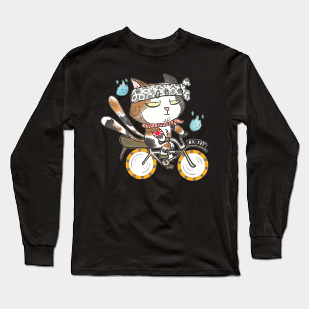 Bored Neko on a bicycle on an Old school bicycle. Long Sleeve T-Shirt by OzzyMac